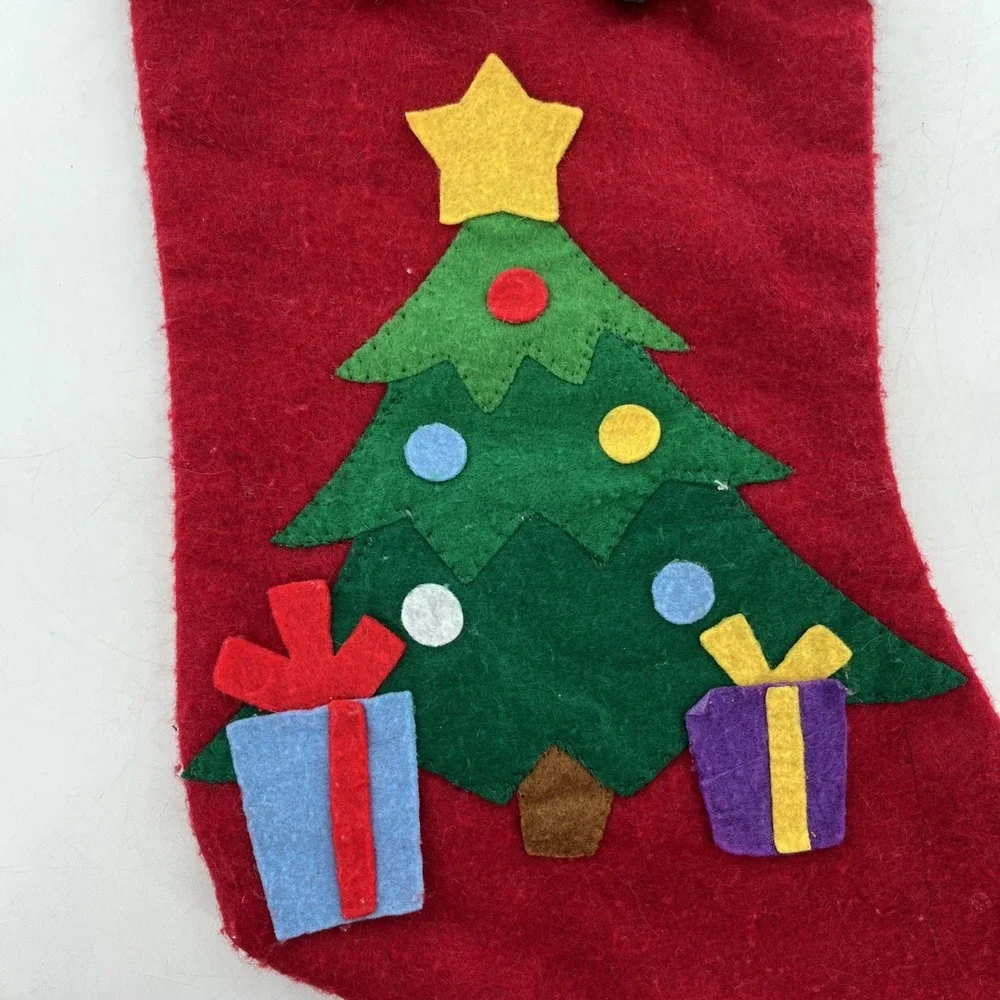 Vintage Felt Christmas Stocking Applique Christmas Tree Presents Poms Greenbrier